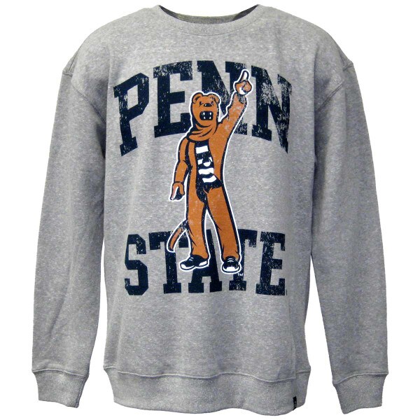 heather gray crew neck sweatshirt with distressed printed Nittany Lion Mascot in front of Penn State